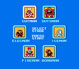 Mega Man 1 stage select screen showing all six robot masters