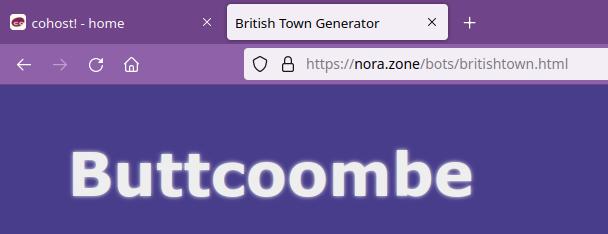 British Town Generator webpage with the text Buttcoombe
