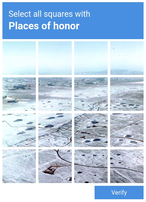 Captcha image parody showing Yucca Flats pocked with craters from nuclear tests and instructions to select all squares with places of honor