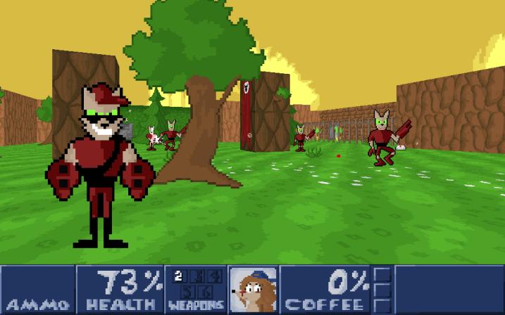Rise of the Wool Ball screenshot showing a female hedgehog protagonist outside with same space cat pointing their guns at her