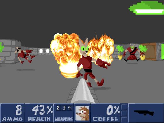 Shadow of the Wool Ball screenshot showing a male hedgehog protagonist creating a lot of explosions around fascist-coded space cats