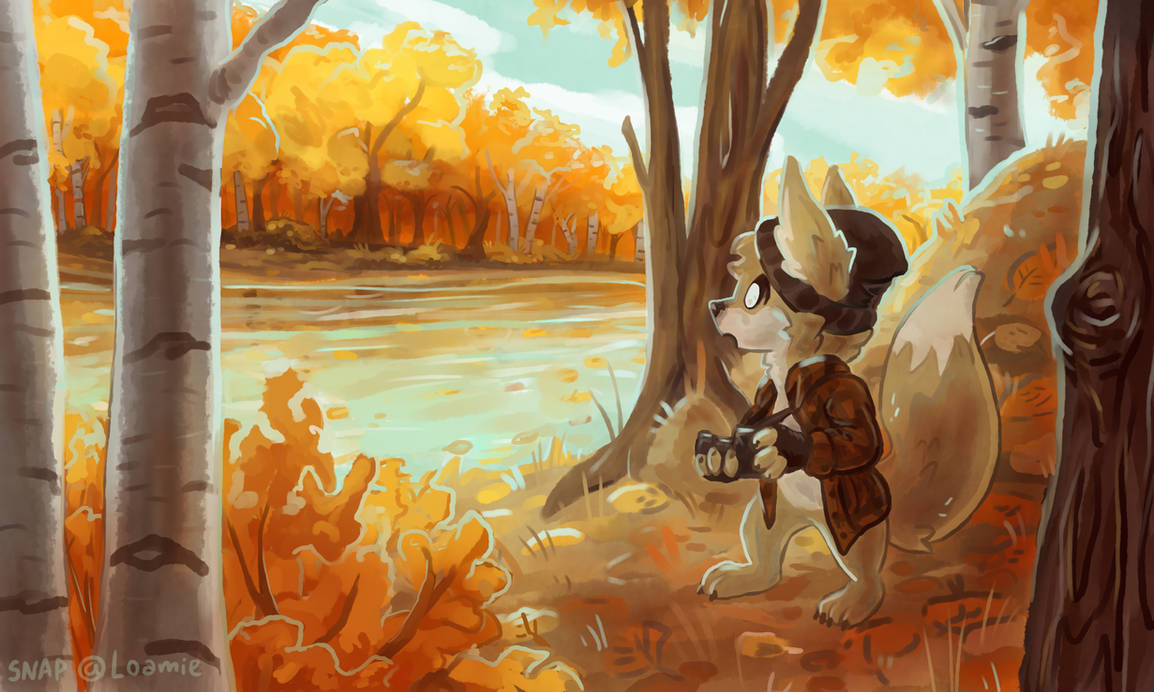 An anthro fox at a river crossing in a forest. It is autumn and the trees yellow and orange. The fox is wearing a beanie, red plaid shirt. They are holding a camera at their chest and looking a bit in-awe