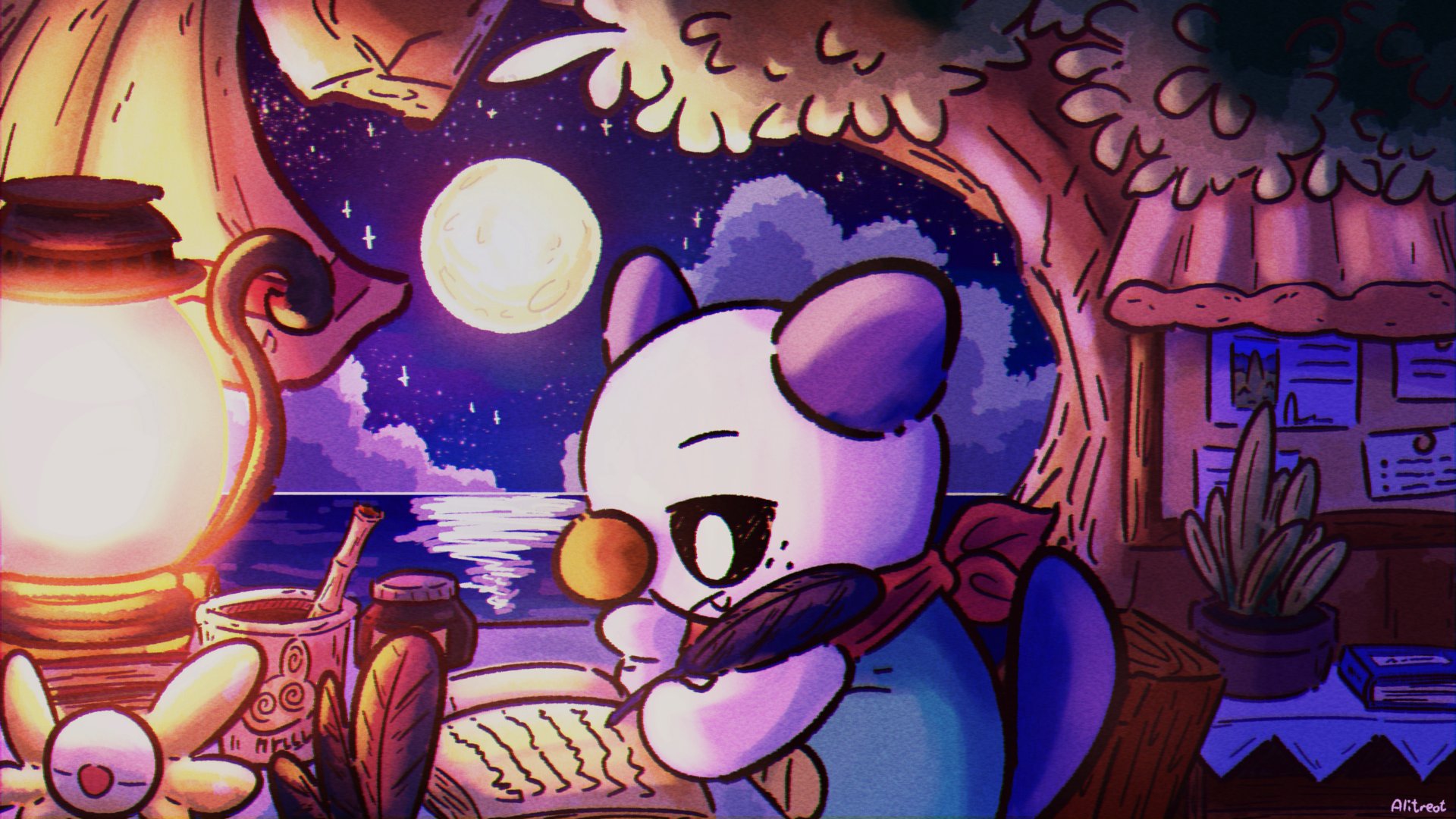 Oshawott in a PMD style home with depicted like lo-fi beats to study to videos.
